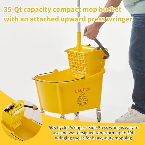 Midoneat Commercial Mop Bucket with Wringer on Wheels, 35 Quart, Yellow