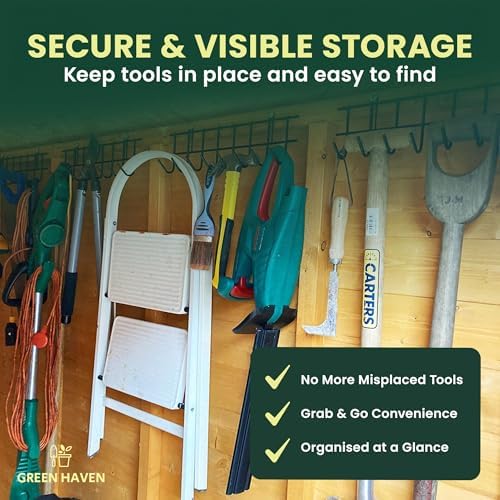 Green Haven Garden Tool Storage Rack 160cm - Heavy-Duty Metal Organiser for Shed Accessories, Rakes, Shovels & More – Space-Saving Tool Storage System for Sheds & Garages
