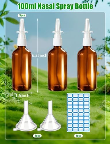 6 Pcs Nasal Spray Bottle Glass Empty Refillable, 100ML/3.5OZ