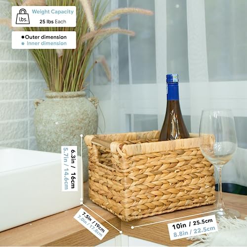 Small Wicker Baskets for Organizing Bathroom, Hyacinth Baskets for Storage, Wicker Storage Basket with Wooden Handle, Decorative Small Basket 10 x 7.5 x 6.3 inches - 3 Pack