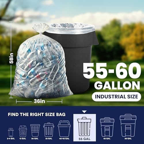 Plasticplace 55-60 gallon Trash Bags │ 1.5 Mil │ Clear Heavy Duty Garbage Can Liners │ 36” x 58” (100 Count)