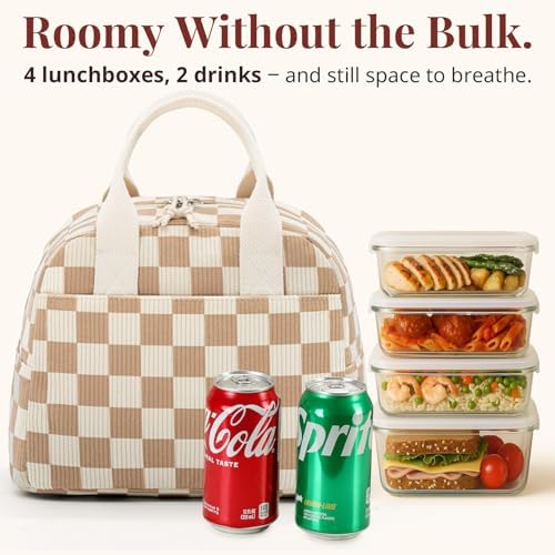 LOVELYWIND Lunch Box for Women, Insulated Lunch Bag,Beige Checkered Tote