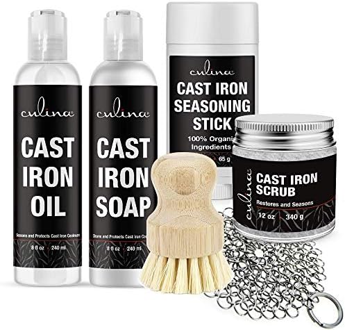 Culina Cast Iron Soap & stick & Conditioning Oil & Stainless Scrubber &Restoring Scrub & brush | All Natural Ingredients | Best for Cleaning, Non-stick Cooking & Restoring | for Cast Iron Cookware