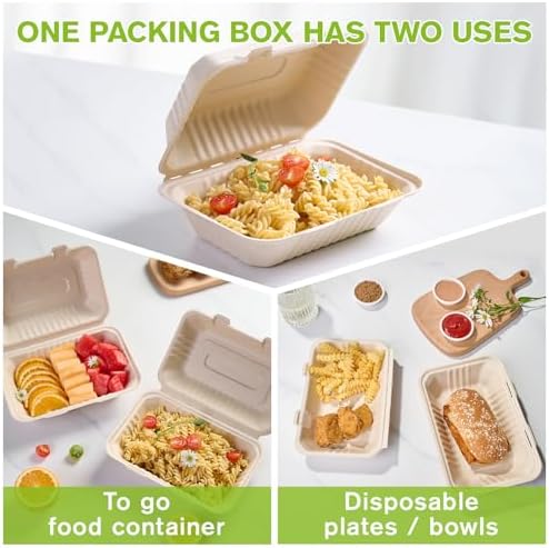 ECOLipak 500 Pack Compostable Clamshell Take Out Food Containers, 9x6 inch