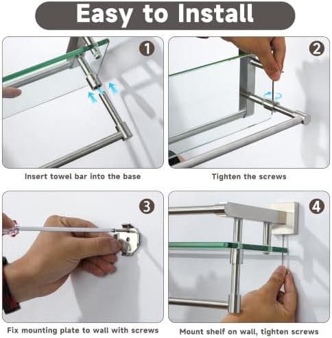 Alise Bathroom Shelf with Towel Bar, 20" Glass Bathroom Shelf Wall Mounted