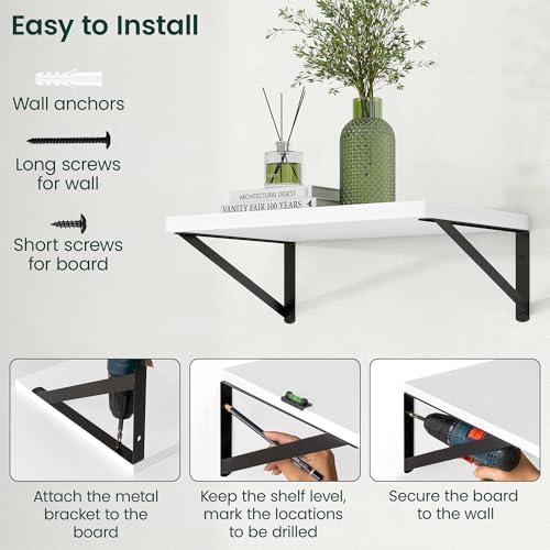 Floating Shelves 12 Inch Deep, 48W x 12D Wall Shelf Set of 2, 70 lbs Heavy Duty Reversible Metal Brackets, Deep Industrial Book Shelf for Living Room Kitchen Bath Bedroom Coffee Bar, White