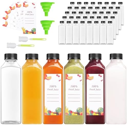 OBKJJ 56pcs 16oz Pcs Juice Bottles, Juice Bottle with Caps Reusable Empty Clear Bottles with Label, Funnel, Brush Bulk Beverage Containers for Juicing, Drinking, Smoothie and Other Beverages (16oz)