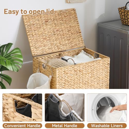 Laundry Hamper with Wheels, 40.92 Gallon(155L) Water Hyacinth Laundry Basket with Lid, 2-Section Wicker Clothes Hamper with 2 Removable Liners, Laundry Sorter with Side Pocket, Natural
