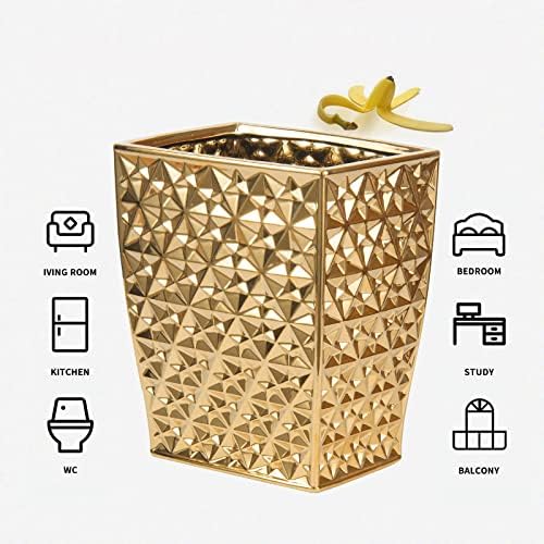 Ceramic Gold Square Garbage Can Kitchen Trash Cans - Wastebasket, Garbage Container Bin for Bathroom, Bedroom, Kitchen, Home Office, and Kids Room, Holds Waste