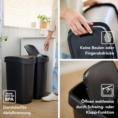 Rotho Twist Kitchen Bin Set of 3 10 L 25 L 50 L Lid Black/Silver