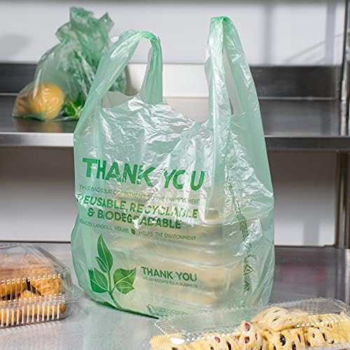 KitchenDine Eco Green Plastic Bags - 500 Count Biodegradable Shopping -Thank You - 22" x 12" Carry Out Bags. (500)