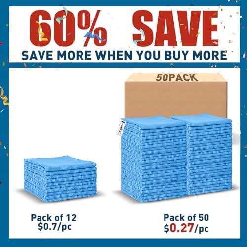 TEAWOO Blue Microfiber Towels Bulk-50 Pack, Cleaning Cloths