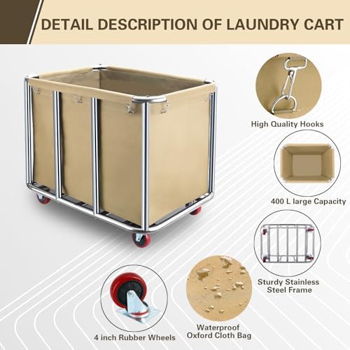 Commercial Laundry Cart with Wheels,400L for Home,Hotel(Beige)