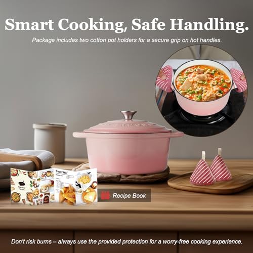 Overmont Enameled Cast Iron Dutch Oven - 5.5QT Pot with Lid Cookbook & Cotton Potholders - Heavy-Duty Cookware for Braising, Stews, Roasting, Sourdough Baking pink