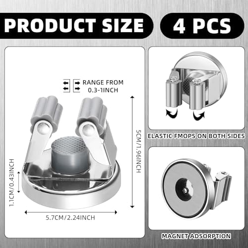 Vercraft 4 Pcs Magnetic Broom Holder Wall Mounted Anti Slip Rack,Silver
