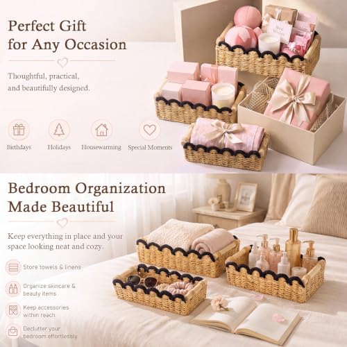 3 Pcs Paper Rope Storage Basket with Wooden Handles, Black
