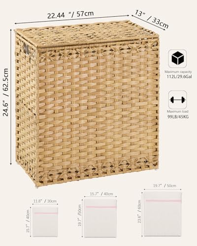 SETVSON Laundry Hamper with Lid Wicker Laundry Basket 112L, Natural
