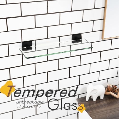 KOKOSIRI Bathroom Glass Shelf 16-Inch Tempered Glass Floating Shelves Shower Storage Kitchen Hanging Rack Wall Mount, Black Stainless Steel B1107BK-L16