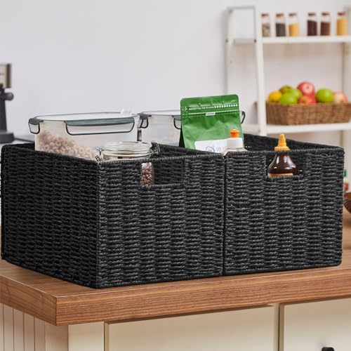 Vagusicc Wicker Storage Basket, Set of 2 Hand-Woven Paper Rope Wicker Basket, Small Storage Baskets for Organizing Toilet Paper Basket, Foldable Large Cube Storage Organizer Bins for Shelves (Black)