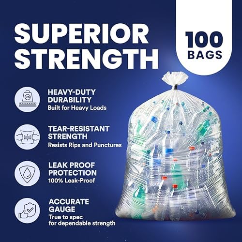 Plasticplace 55-60 gallon Trash Bags │ 1.5 Mil │ Clear Heavy Duty Garbage Can Liners │ 36” x 58” (100 Count)