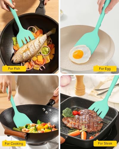 Pack of 2 Silicone Spatula Turners, Non Stick Slotted Kitchen Spatula Set, Heat Resistant BPA Free Kitchen Utensils, One-Piece Design, Suitable for Flipping Fish, Eggs, Steak, Pancakes (GREEN)