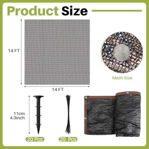 Koi Pond Netting Kit 14 x 14ft, Heavy-Duty Pe, Bird Deer Fence Netting, Durable Net Cover for Leaves, Protect Fish from Blue Heron Bird, Cats & Predators, Stakes & Ties Included