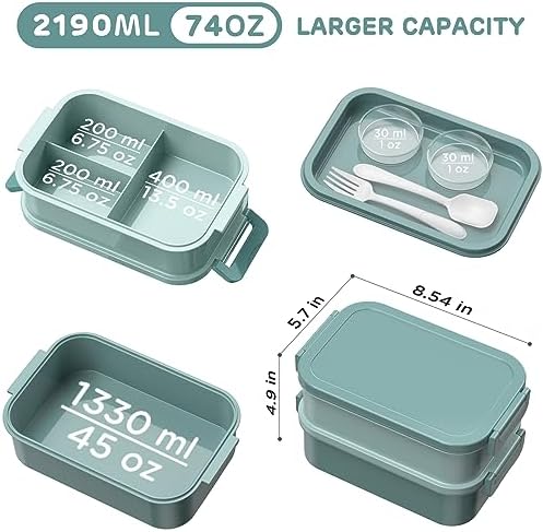 DaCool Lunch Box Adults Bento Box 74 OZ All-in-One Stackable Lunch Box Containers for Adult Large Bento Box with Fork Spoon Sauce Boxes, Leakproof Lunchbox for Work School Dining Out, Morandi-Green