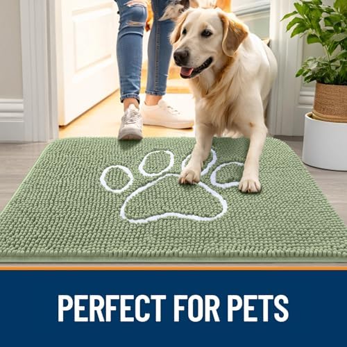 OLANLY Dog Door Mat for Muddy Paws 32x20, Paw Print Design Chenille Mud Mat