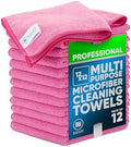 MW PRO Microfiber Cleaning Cloths Pink (12 Pack, 12x12) - Commercial Janitorial Towels & Lint Free Rags - Heavy Duty for Auto Detailing, Glass Windows, Housekeeping & Screens - Washable 300+ Times