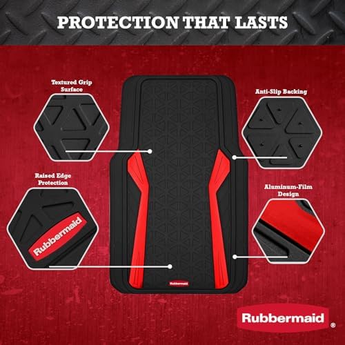 Rubbermaid Car Floor Mats Full Set,Premium Heavy Duty All-Weather Car Mats– Rugged Rubber with Brushed Aluminum Inserts, Universal Trim-to-Fit, Anti-Slip Backing for Cars, SUVs, Trucks & Vans - Red