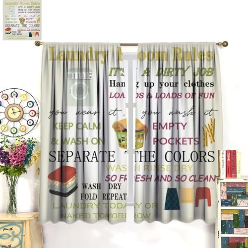 JESTRONRY Laundry Room Theme Curtains, Wash Dry Fold Repeat Print Fabric Window Treatments Kitchen Bathroom Curtain, Home Decor Rod Pocket Window Drapes 72x63 Inch Blackout