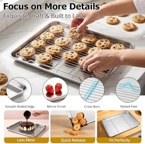 Onader Half Baking Sheet Pan with Rack Set, 18x13 Inch Stainless Steel Cookie Sheet with Cooling Rack, Nonstick Baking Pan for Oven, Nonstick & Rust Proof, 2 Pans + 2 Racks