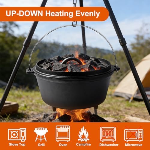 Pre-Seasoned 8QT Large Cast Iron Camping Dutch Oven Pot with Lid