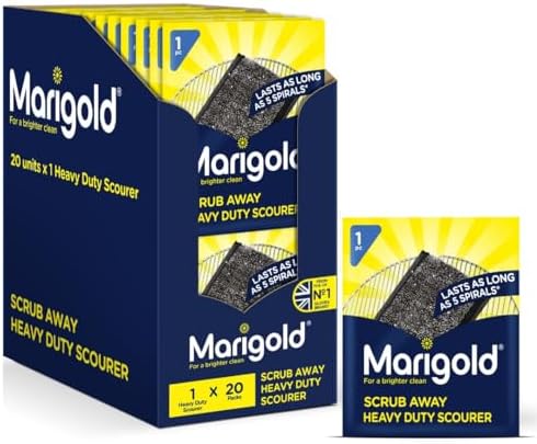 Marigold Scrub Away Stainless Steel Scourers - 20 Single Packs of Scouring Pads - Heavy Duty Non Scratch Metal Scourer - Easy to Clean - Tackles Tough and Burnt on Food