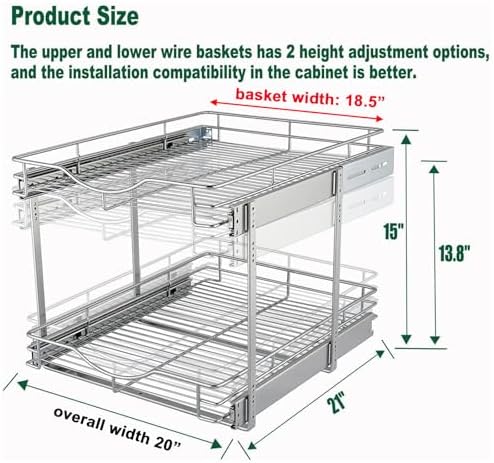 DINDON 2 Tier Pull Out Cabinet Organizer (20" W X 21" D), Double Tier Wire Basket Slide Out Shelf Storage for Kitchen Base Cabinet Organization for Kitchen, Pantry, Bathroom, Chrome