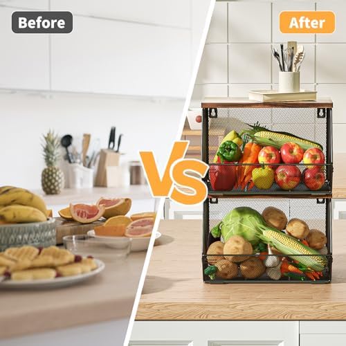 Stackable Fruit Basket for Kitchen Countertop Space Saving, Wall Mounted Mesh Metal Wire Basket with Wood Lid Extra Storage, 2 Pack Kitchen Counter Organizer for Snack, Onion and Potato Storage, Black