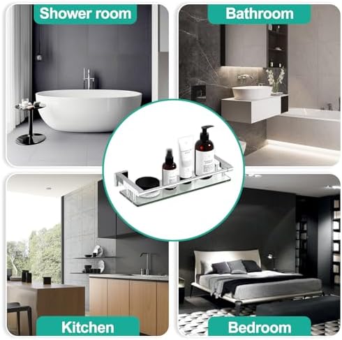 Glass Shelves for Wall, Chrome Stainless Steel & Tempered Glass Glass Shelf for Bathroom, Shelf Sink Over Toilet Bathroom Organizer (16-inch, Polished)