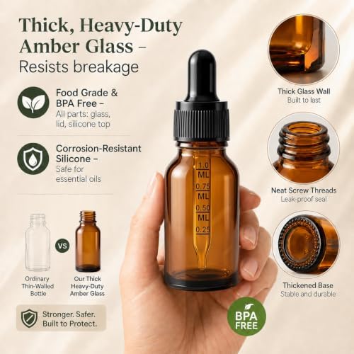 PrettyCare 99 Pack 0.5 oz Amber Glass Dropper Bottle with Black Cap, 15ml Mini Dropper Bottles Bulk - Empty Eye Dropper Bottles for Samples, Hair Oil, Liquid & Lab