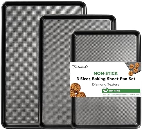 Tiawudi Baking Sheet Pan Set, 0.8mm Thick Heavy Duty Cookie Sheet with Diamond Texture Pattern, Nonstick Baking Tray for Oven, Carbon Steel Half, Jerry Roll Pan, Set of 3