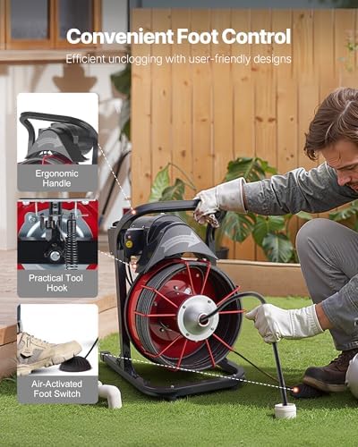 VEVOR 50FT x 1/2 Inch Drain Cleaning Machine, 250W Electric Drain Auger, Portable Sewer Snake Auger Cleaner with Cutters & Air-Activated Foot Switch for 1" to 4" Pipes, Black, Red