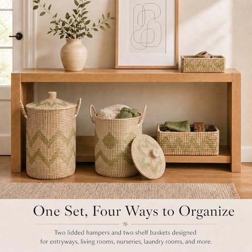 Sea Grass Storage Basket Set of 4, Handwoven Wicker Storage Organizer, Includes 2 Laundry Hampers with Lids, 2 Bins for Shelves and Removable Washable Liners for Bathroom, Bedroom, Laundry Room