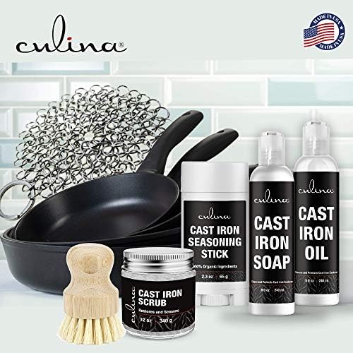 Culina Cast Iron Soap & stick & Conditioning Oil & Stainless Scrubber &Restoring Scrub & brush | All Natural Ingredients | Best for Cleaning, Non-stick Cooking & Restoring | for Cast Iron Cookware