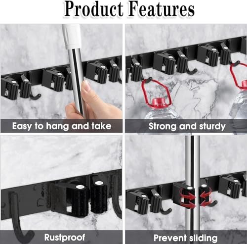 Black Broom Holder Wall Mount, 5 Racks 4 Hooks Mop and Broom Organizer