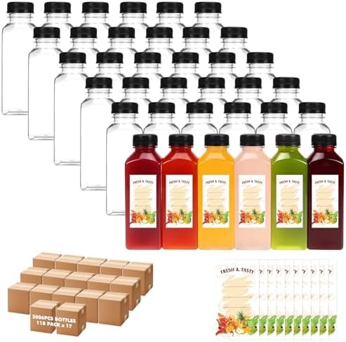 BAKHUK 2006pcs 12oz Empty Plastic Juice Bottles with Caps, Sticker Labels