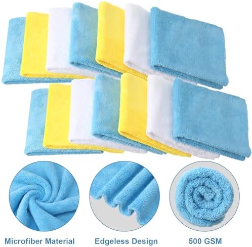 Shimeyao 30 Pcs 16 x 16 Inch edgeless Microfiber Plush Towels for Cars Detailing Drying Wash Polishing Absorbent Cleaning Cloths, 500 GSM (Light Blue, White, Yellow)