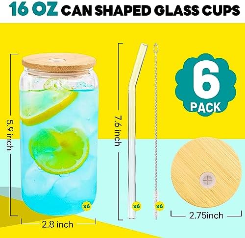 Joyclub 6pcs 16Oz Glass Cups with Bamboo Lids and Straws Drinking Glasses