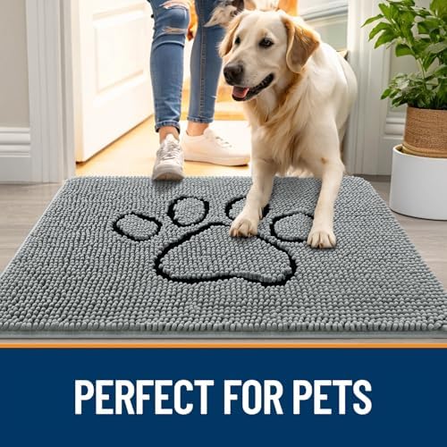 OLANLY Dog Door Mat for Muddy Paws 32x20, Paw Print Design Chenille Mud Mat