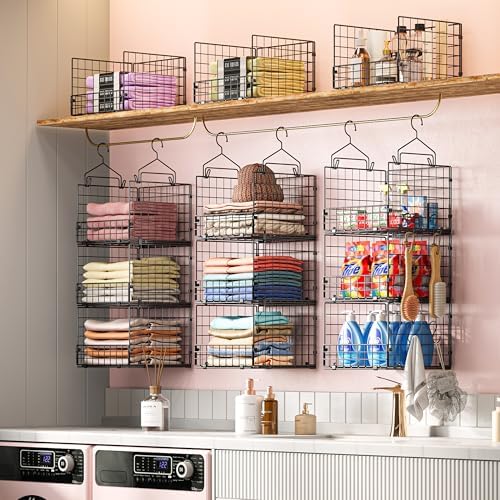 Sonyabecca 3-Tier Closet Organizers and Storage, Foldable Stackable Wire Basket Bins with 5 S Hooks, Space-Saving Hanging Closet Shelf for Clothing, Sweaters, Handbags, Hats,Purse