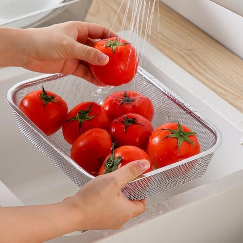 18/8 Stainless Steel Fine Mesh Strainer Basket with Feet, Rectangular Colander for Vegetables, Fruits, Pasta, Noodles – Rustproof, Durable & Easy to Clean (11.02 inch)