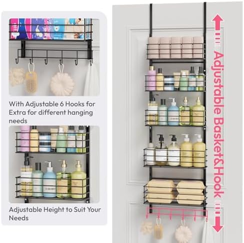 SWTYMIKI Over The Door Organizer - Door Organizer Hanging with 5 Adjustable Metal Large Capacity Basket and 6 Coat Hook, Wall Mounted Shelf for Bedroom Closet Bathroom Laundry Pantry Cabinet Kitchen
